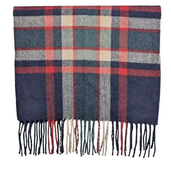 J. Crew Cashmere Navy Blue Tartan Plaid Scarf Red Cream Green - Picture 4 of 5